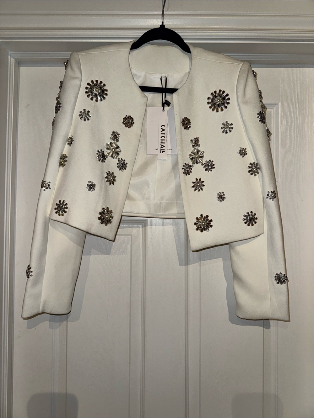 Catchall Cropped Embellished Blazer & High-Waist Wide-Leg Pants Set - White - Picture 4 of 14